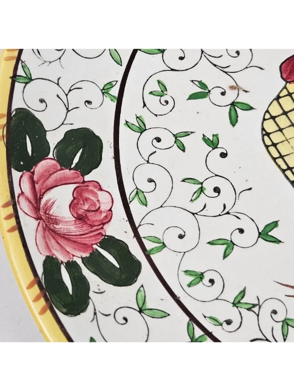 Early Provincial Dinner Plate Hand Painted Ceramic Rooster Roses UCAGCO Japan